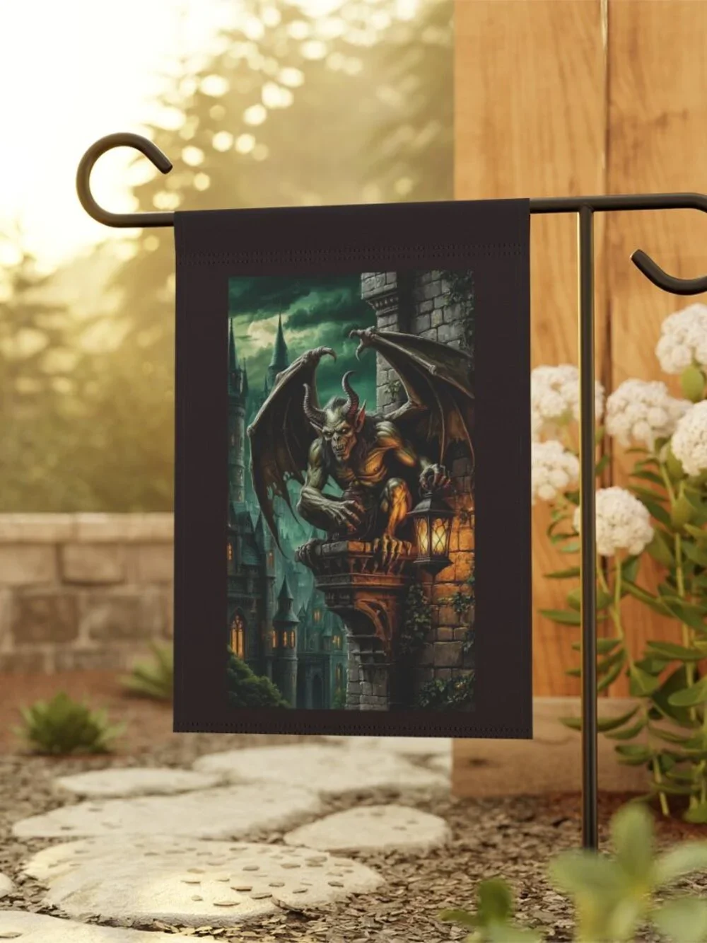 Gargoyle on Castle Ledge Garden Banner | Gothic Home Décor